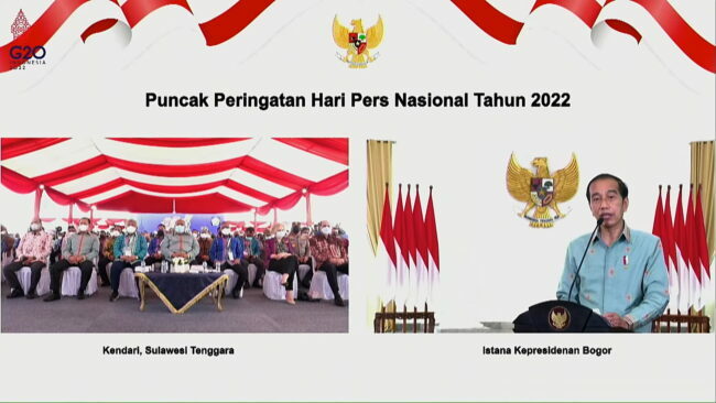 Presiden Jokowi saat menghadiri Puncak Peringatan HPN 2022, Rabu (09/02/2022), secara virtual dari Istana Kepresidenan Bogor, Jabar. Read more: https://setkab.go.id/hpn-2022-presiden-apresiasi-insan-pers-yang-terus-membangun-optimisme-di-tengah-pandemi/